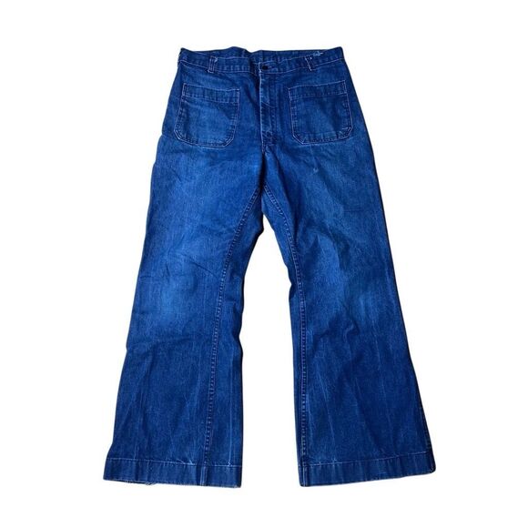Vintage 70s Military Denim Flared Bell Bottoms Pants Jeans 36 - Picture 1 of 7